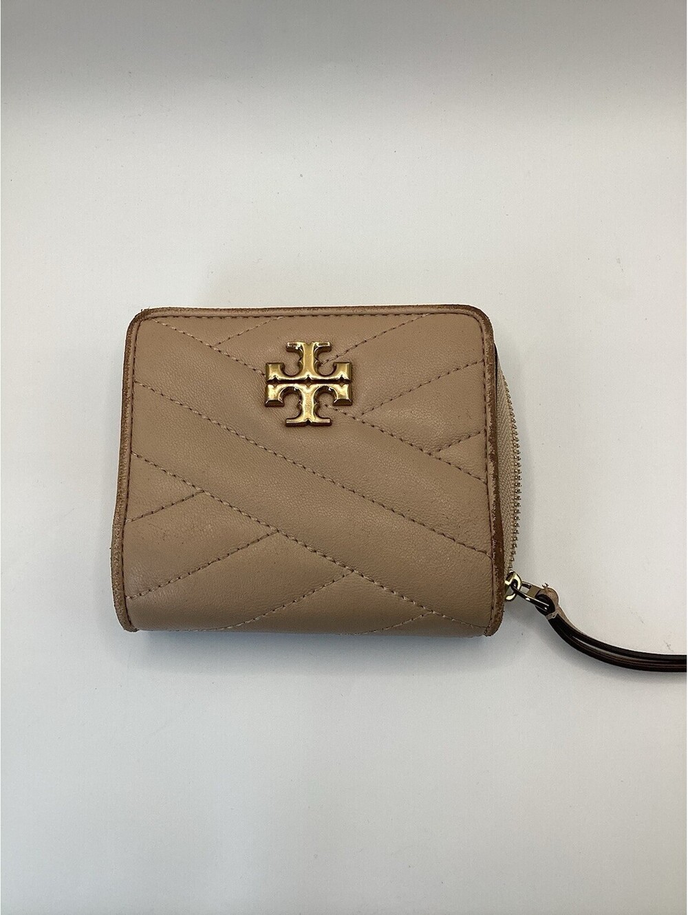 Tory Burch Beige Zip-Around Wallet w/ Logo & Zipper, Credit Card Slots Women